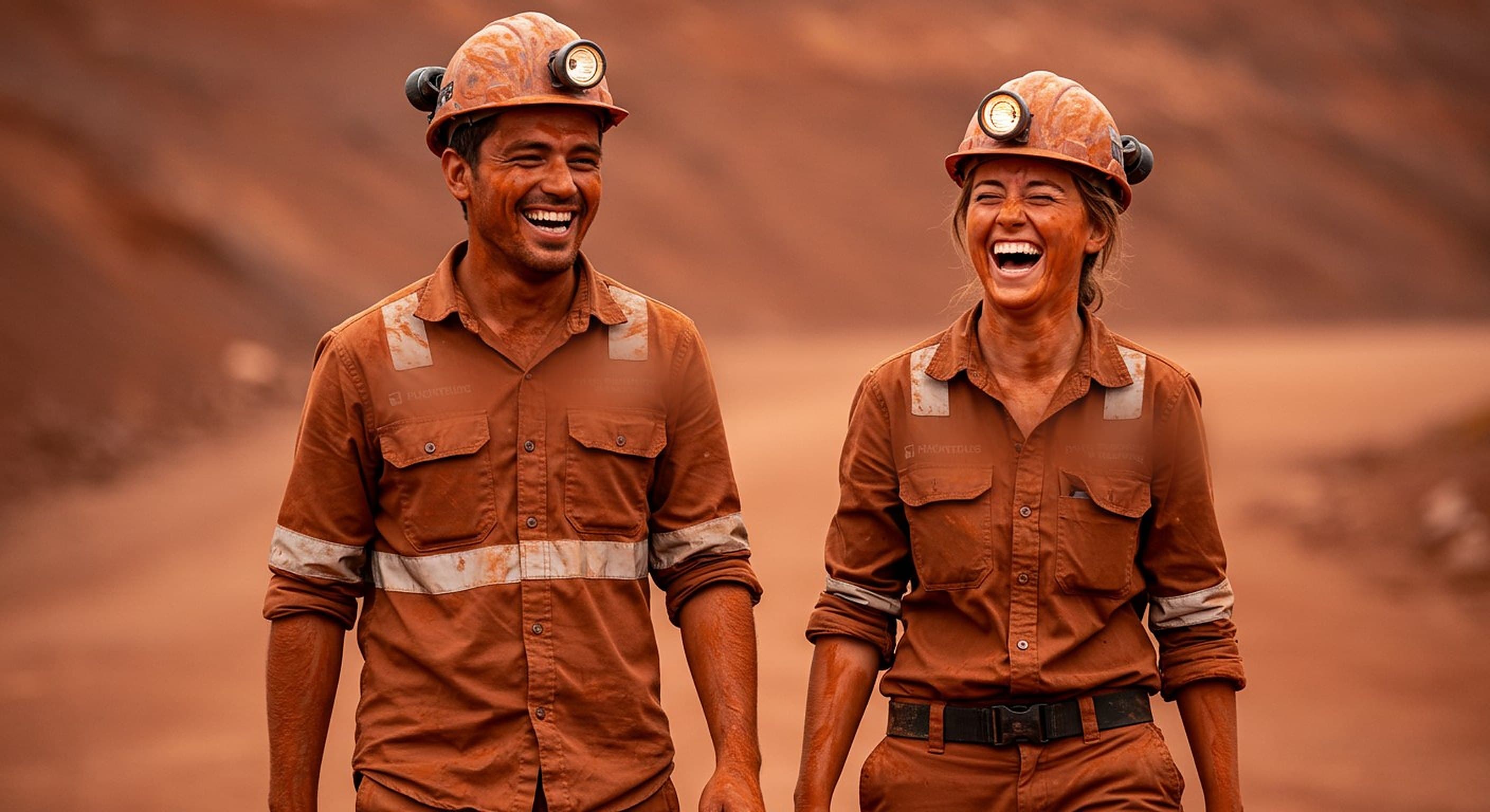 Two mining workers in hi-vis walking a red-dirt haul road together, laughing